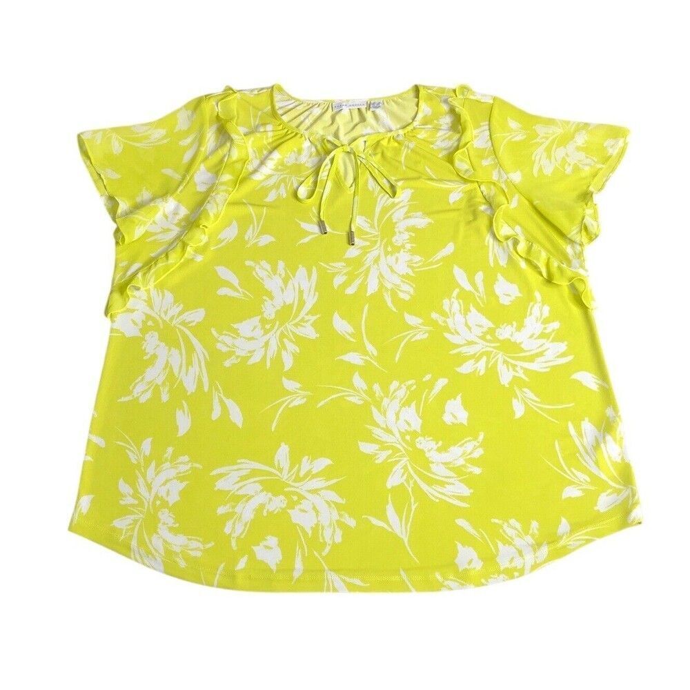 Susan Graver Top Womens 1X‎ Yellow Floral Liquid Knit Short Flutter Sleeve Tie